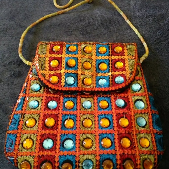 none Handbags - Fabric embroidered beaded crossbody bag
